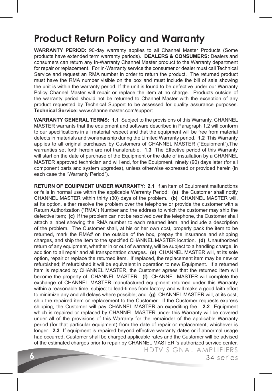 Product return policy and warranty, Hdtv signal amplifiers 34 series | Channel Master Ultra Mini Amplifiers (3410) User Manual | Page 8 / 20