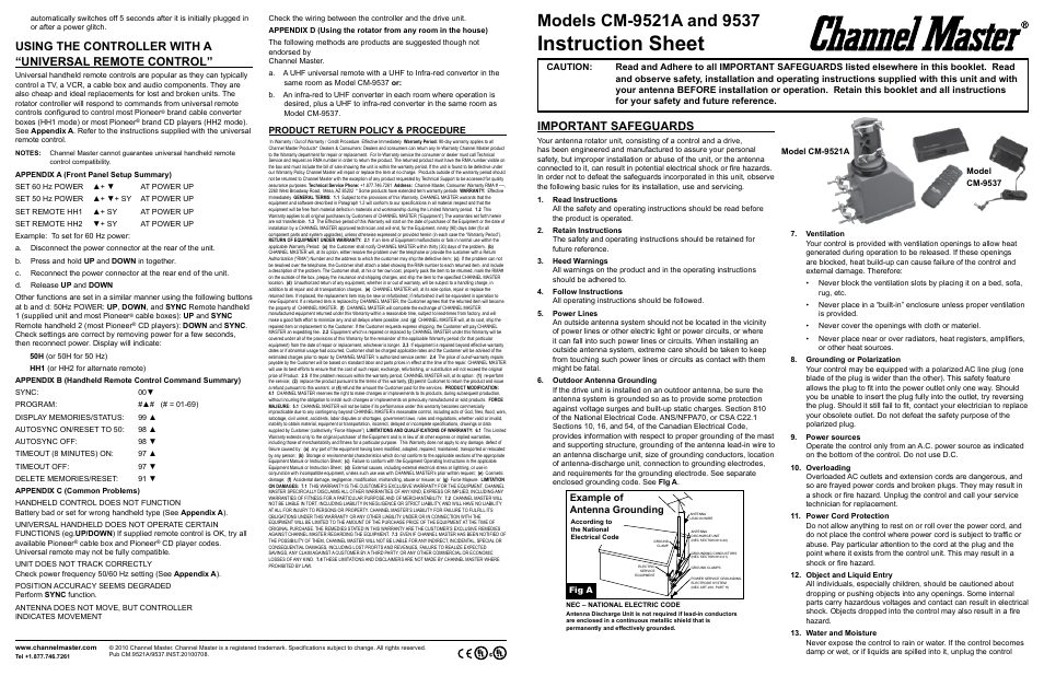 Channel Master Rotator System (9521A) User Manual | 2 pages