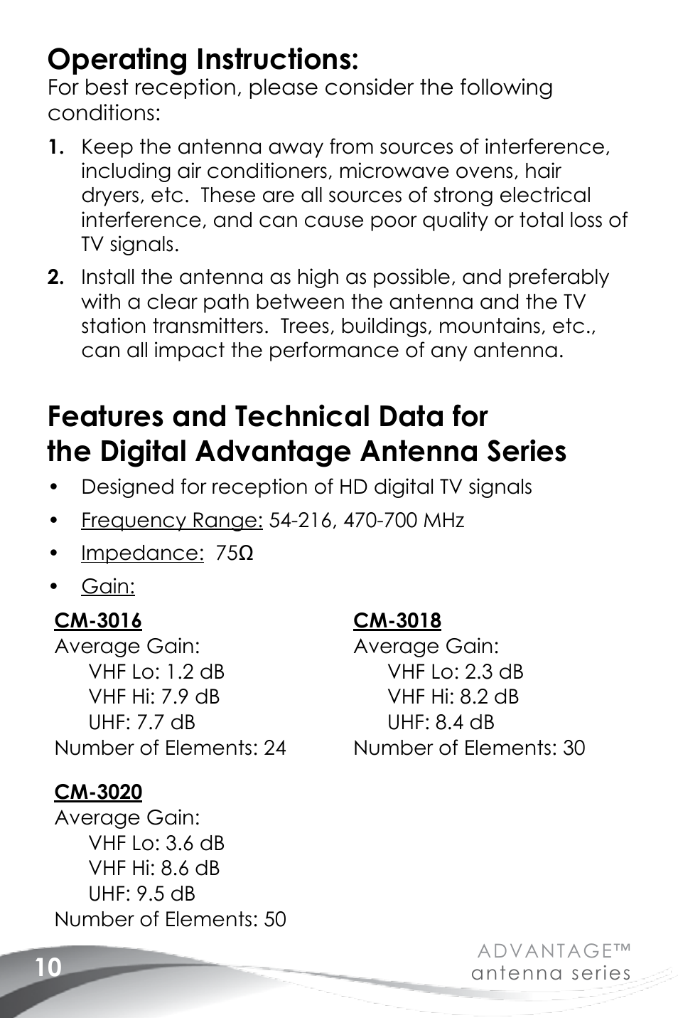 Operating instructions | Channel Master Advantage 100 (3020) User Manual | Page 12 / 36