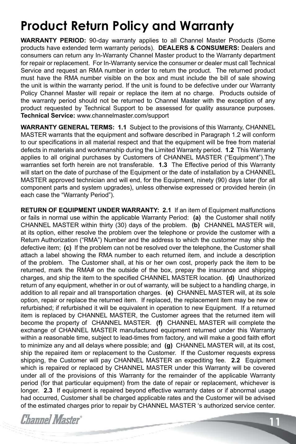 Product return policy and warranty | Channel Master Advantage 100 (3020) User Manual | Page 13 / 36