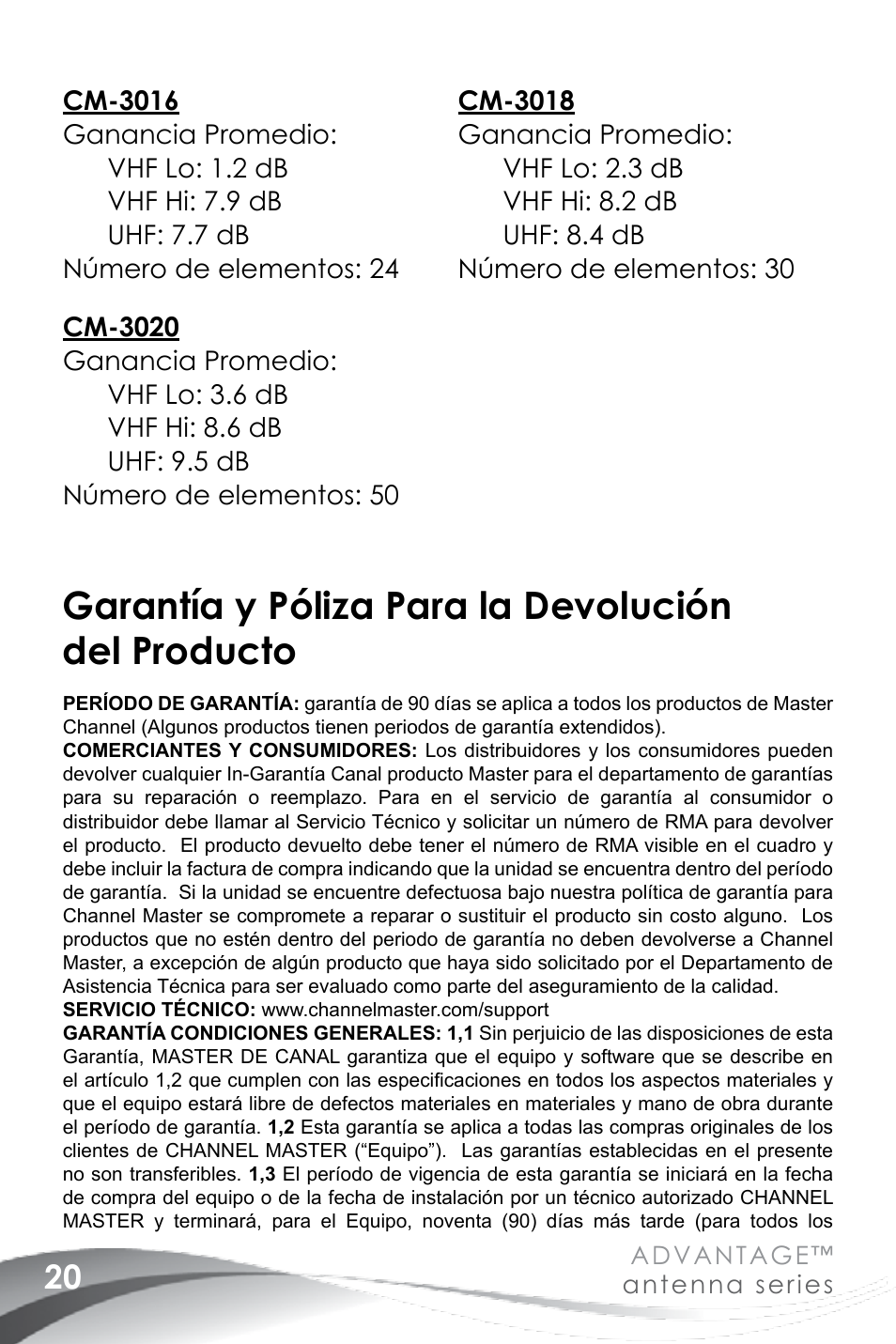 Garantía y póliza para la devolución del producto | Channel Master Advantage 100 (3020) User Manual | Page 22 / 36