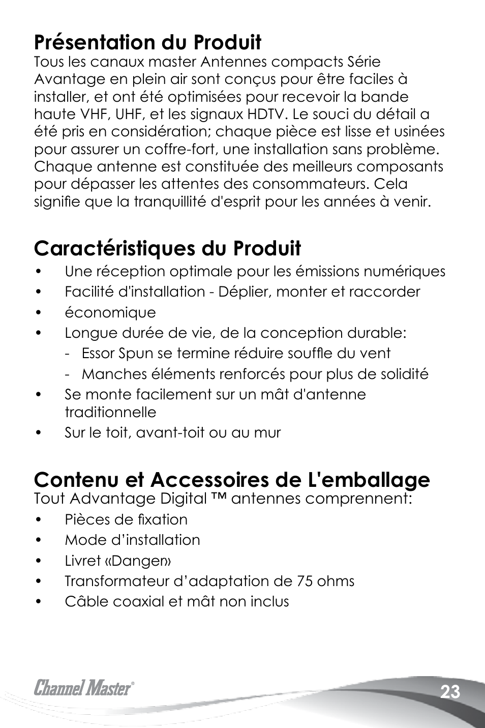 Présentation du produit, Caractéristiques du produit, Contenu et accessoires de l'emballage | Channel Master Advantage 100 (3020) User Manual | Page 25 / 36