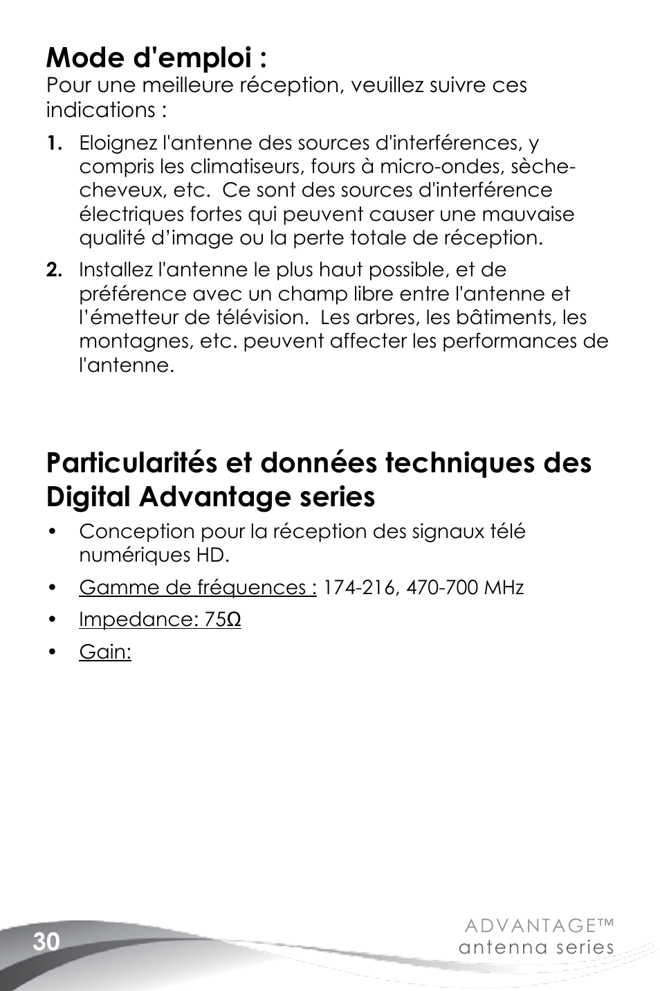 Mode d'emploi | Channel Master Advantage 100 (3020) User Manual | Page 32 / 36