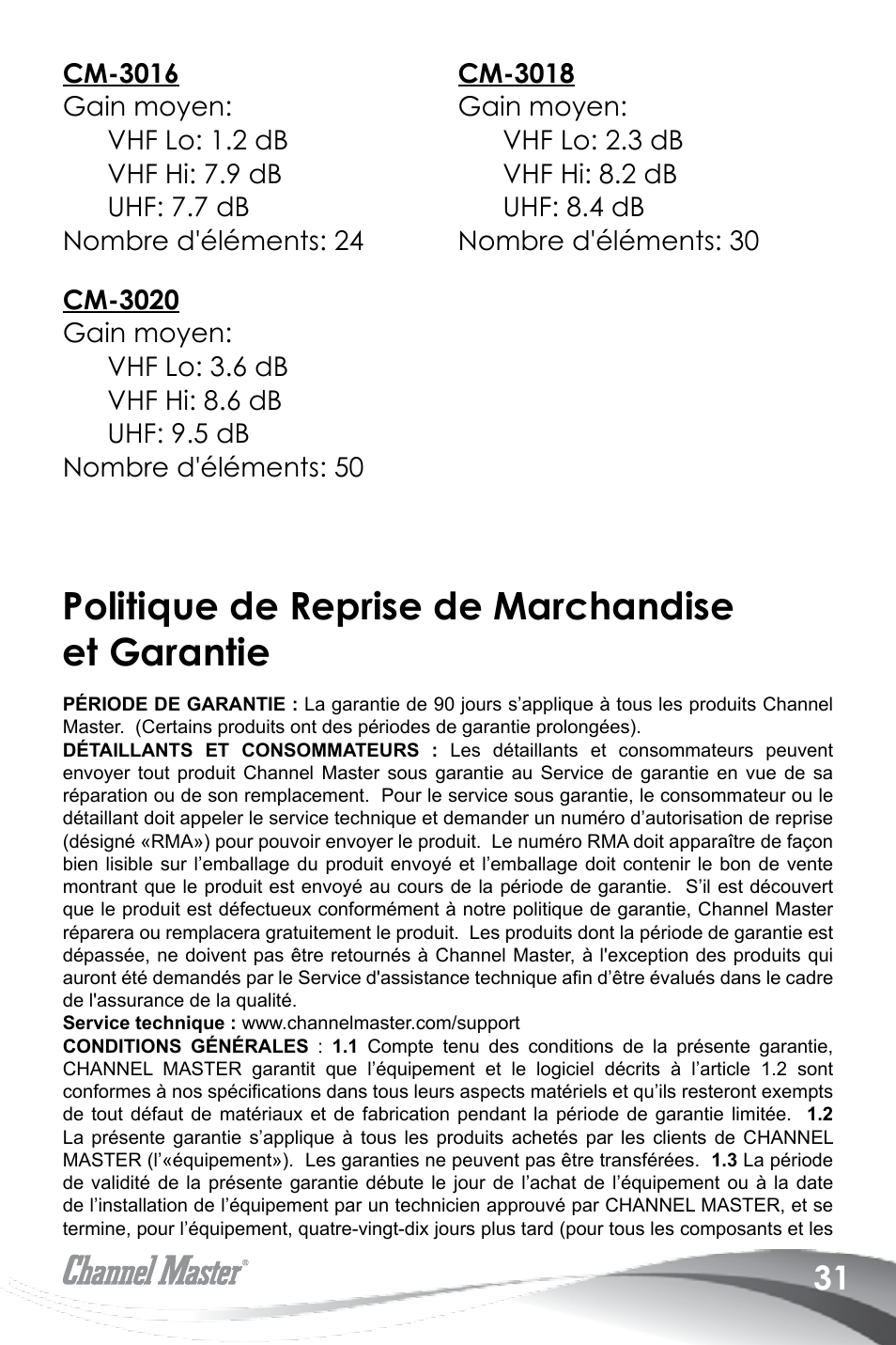 Politique de reprise de marchandise et garantie | Channel Master Advantage 100 (3020) User Manual | Page 33 / 36