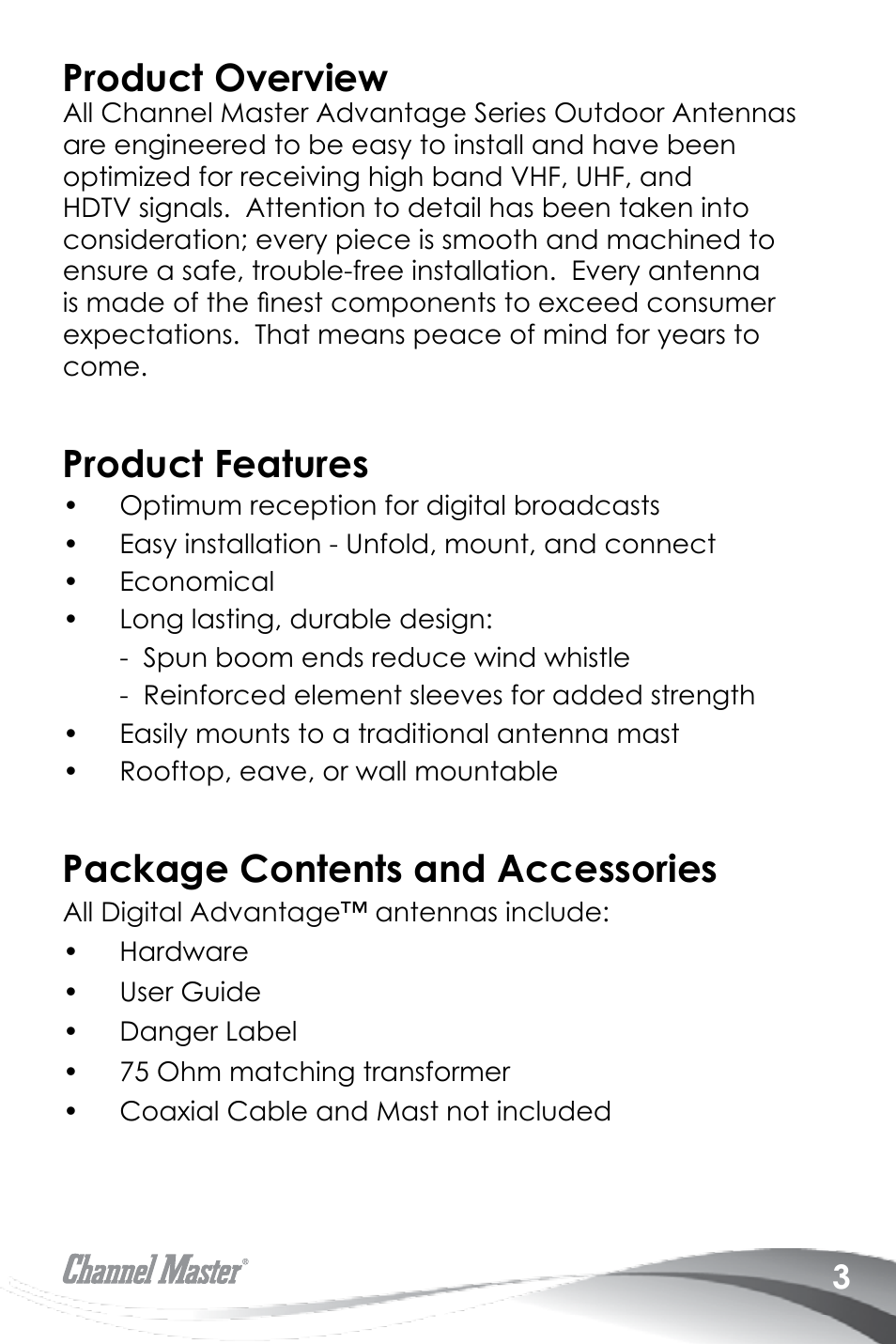 Product overview, Product features, Package contents and accessories | Channel Master Advantage 100 (3020) User Manual | Page 5 / 36