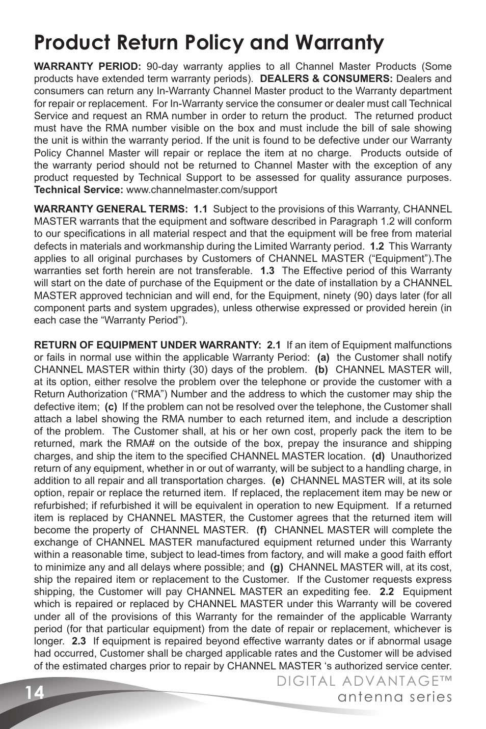 Product return policy and warranty, Digital advantage, Antenna series | Channel Master Digital Advantage 100 (2020) User Manual | Page 16 / 44