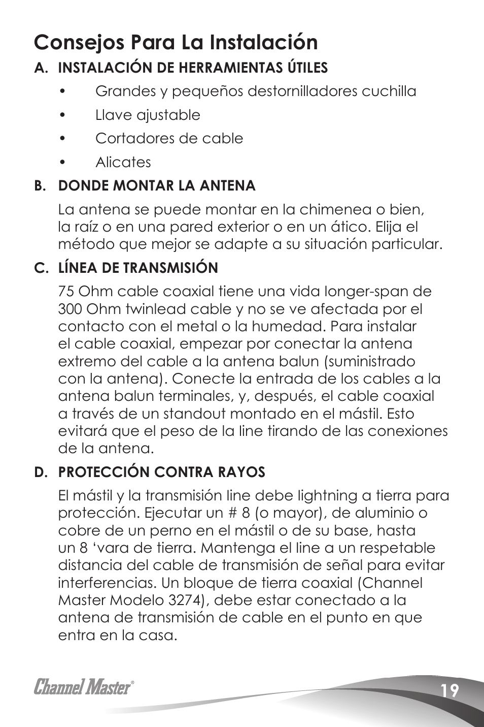 Consejos para la instalación | Channel Master Digital Advantage 100 (2020) User Manual | Page 21 / 44