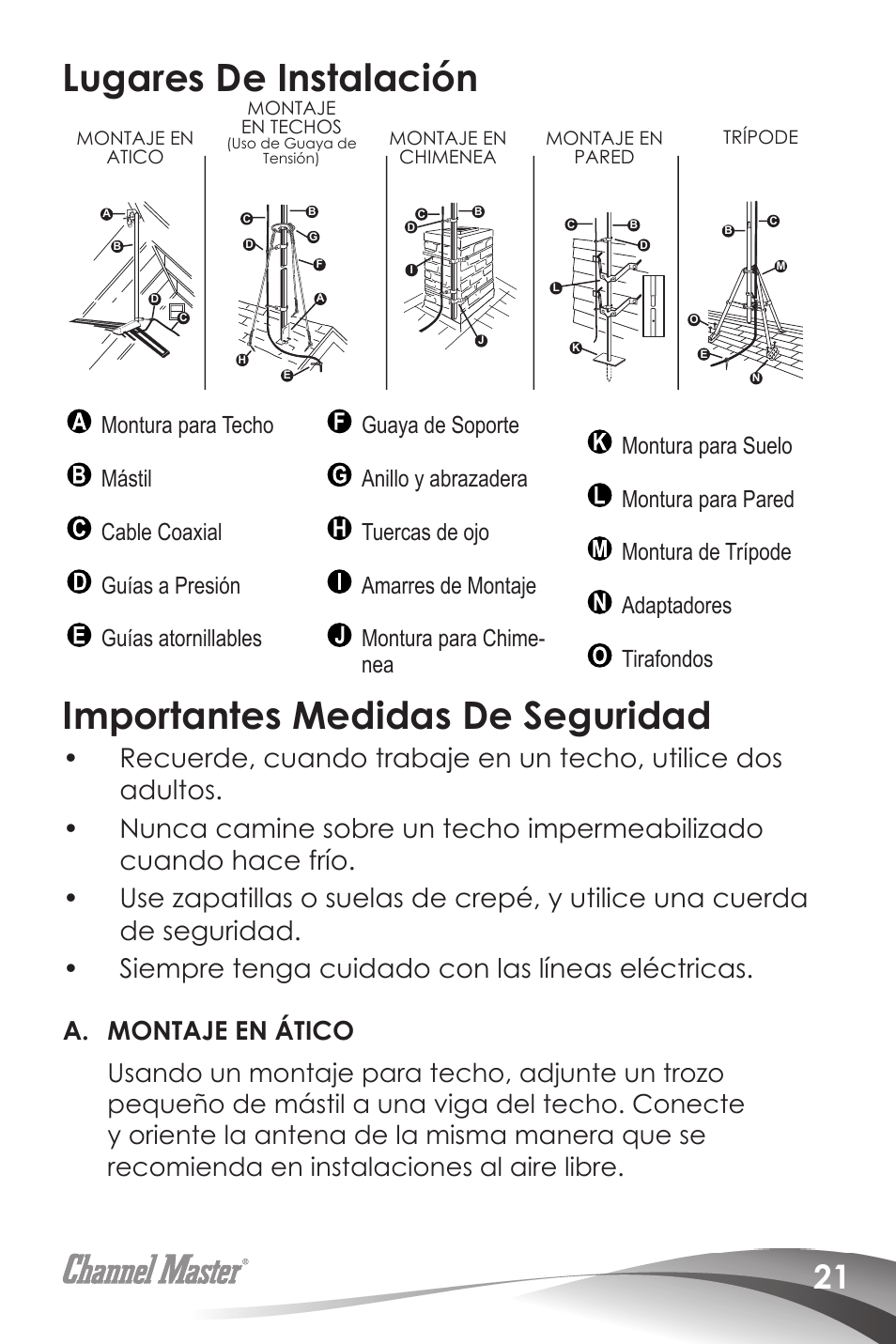 Lugares de instalación, Importantes medidas de seguridad | Channel Master Digital Advantage 100 (2020) User Manual | Page 23 / 44