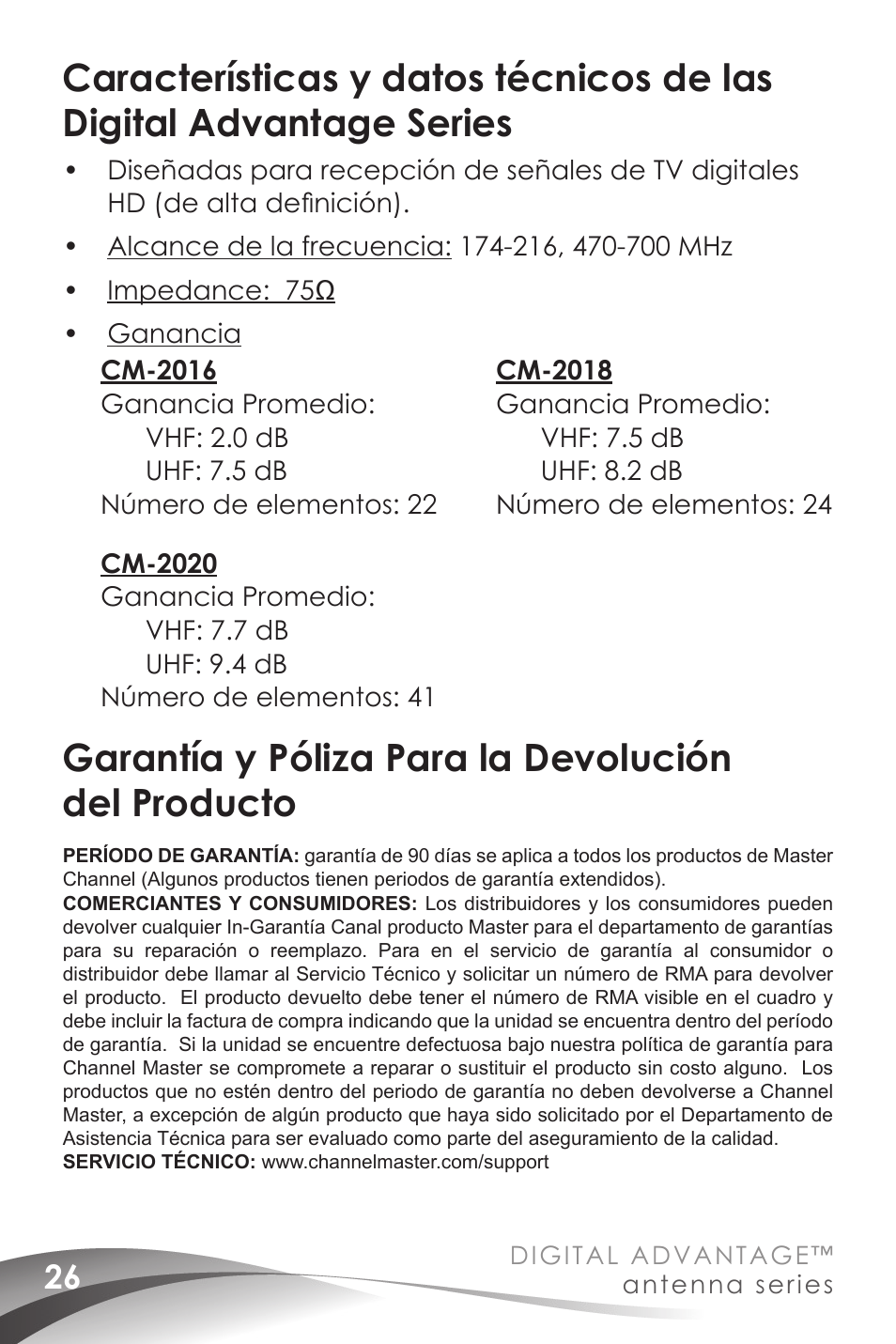 Garantía y póliza para la devolución del producto | Channel Master Digital Advantage 100 (2020) User Manual | Page 28 / 44