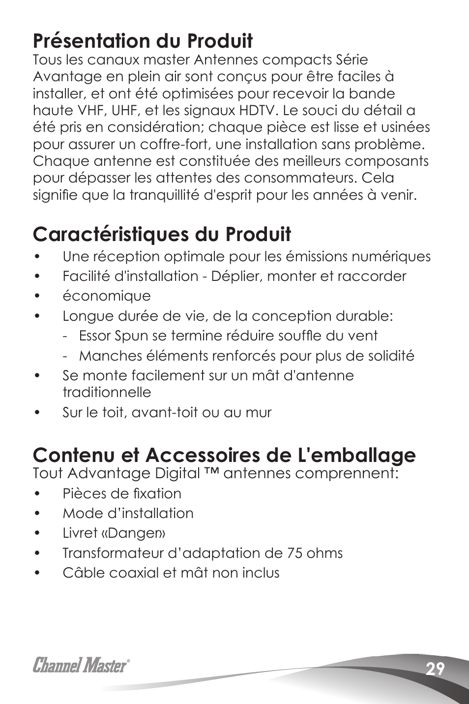 Présentation du produit, Caractéristiques du produit, Contenu et accessoires de l'emballage | Channel Master Digital Advantage 100 (2020) User Manual | Page 31 / 44