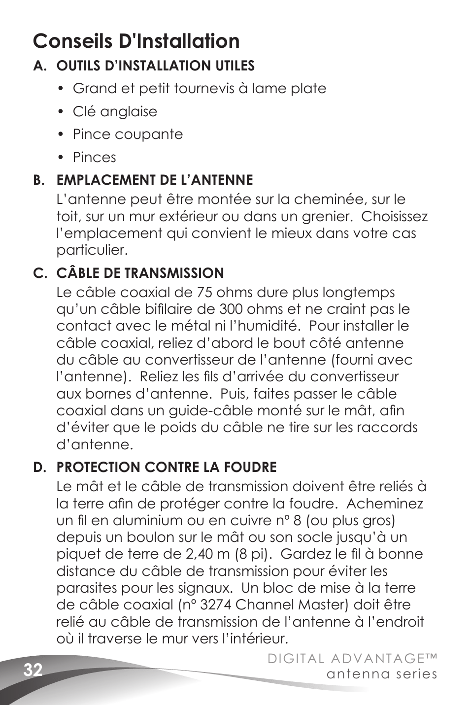 Conseils d'installation | Channel Master Digital Advantage 100 (2020) User Manual | Page 34 / 44