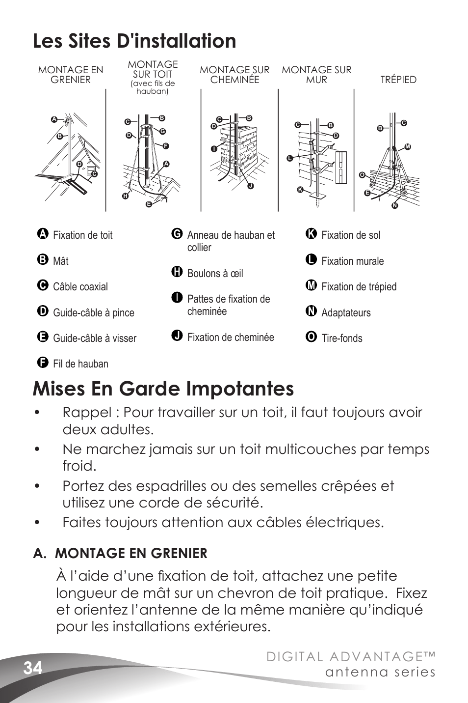 Les sites d'installation, Mises en garde impotantes, Digital advantage | Antenna series | Channel Master Digital Advantage 100 (2020) User Manual | Page 36 / 44