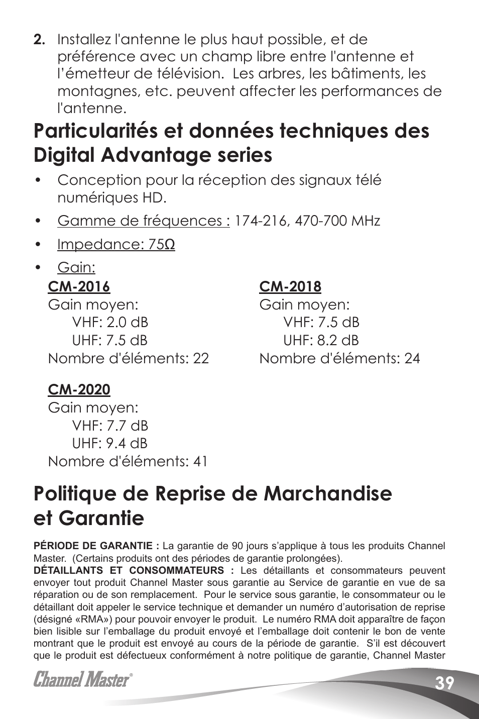 Politique de reprise de marchandise et garantie | Channel Master Digital Advantage 100 (2020) User Manual | Page 41 / 44