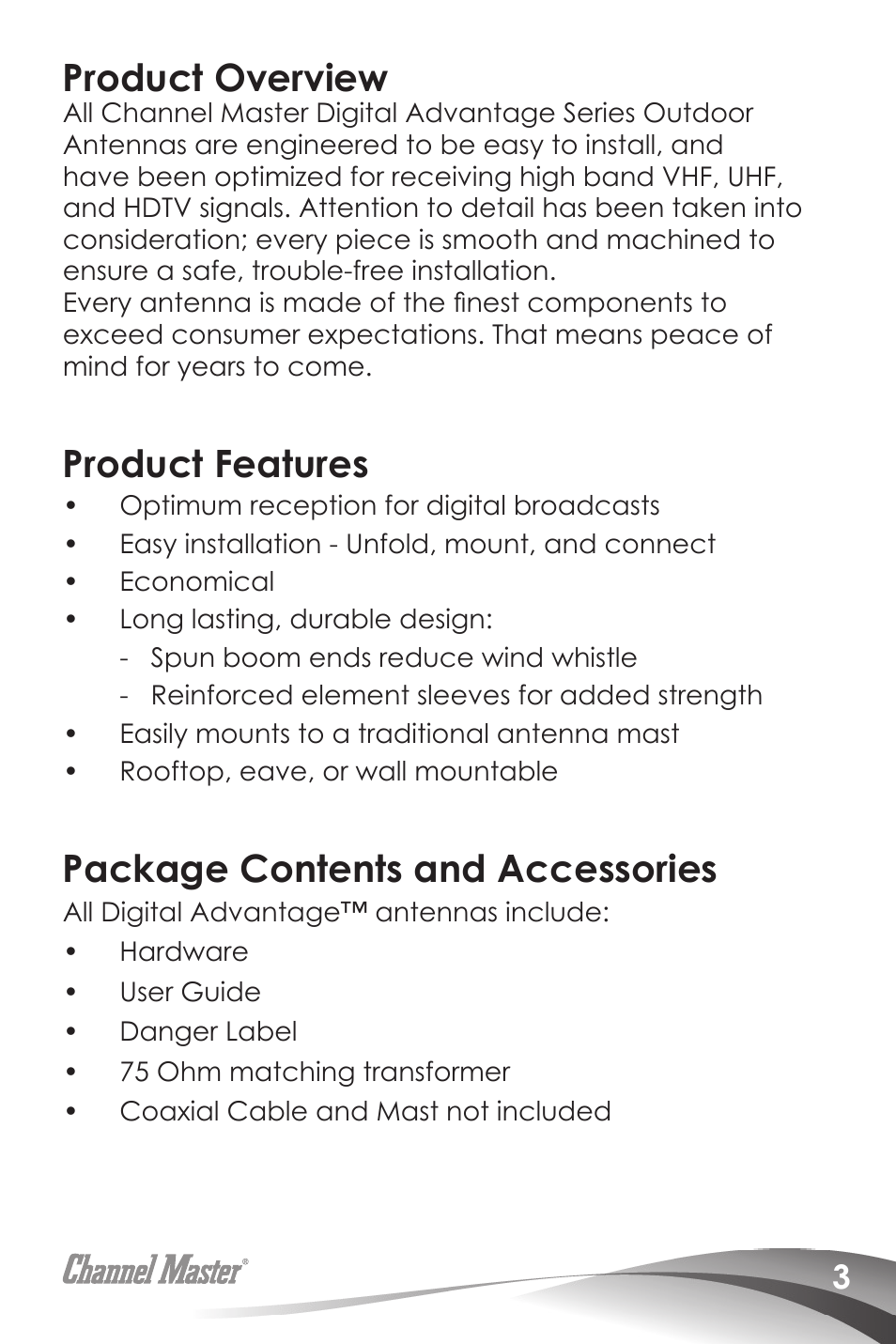 Product overview, Product features, Package contents and accessories | Channel Master Digital Advantage 100 (2020) User Manual | Page 5 / 44