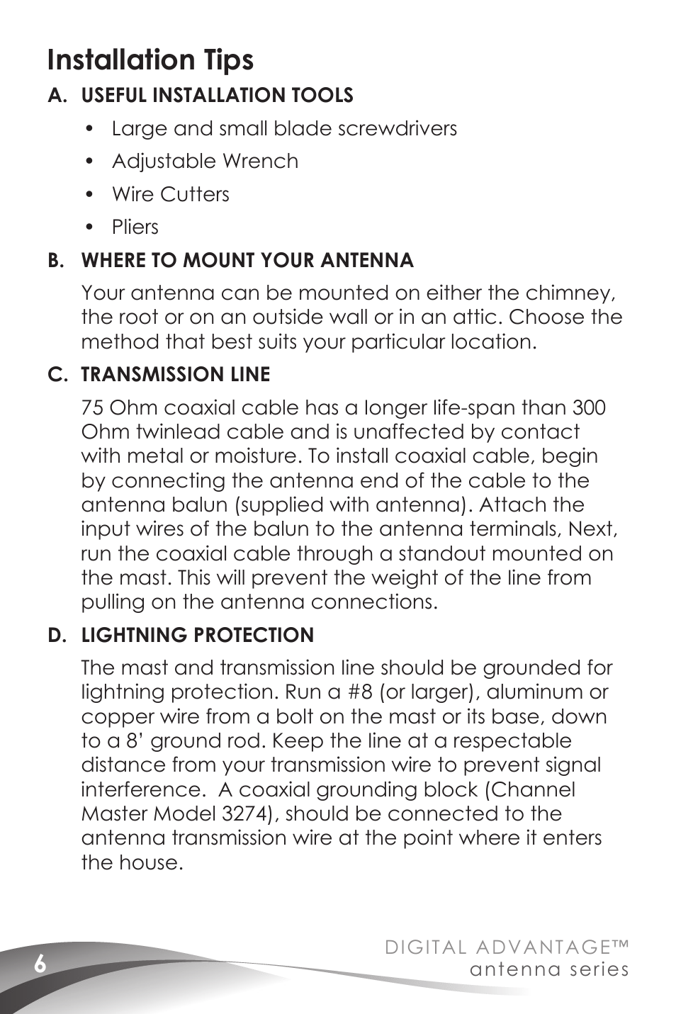 Installation tips | Channel Master Digital Advantage 100 (2020) User Manual | Page 8 / 44