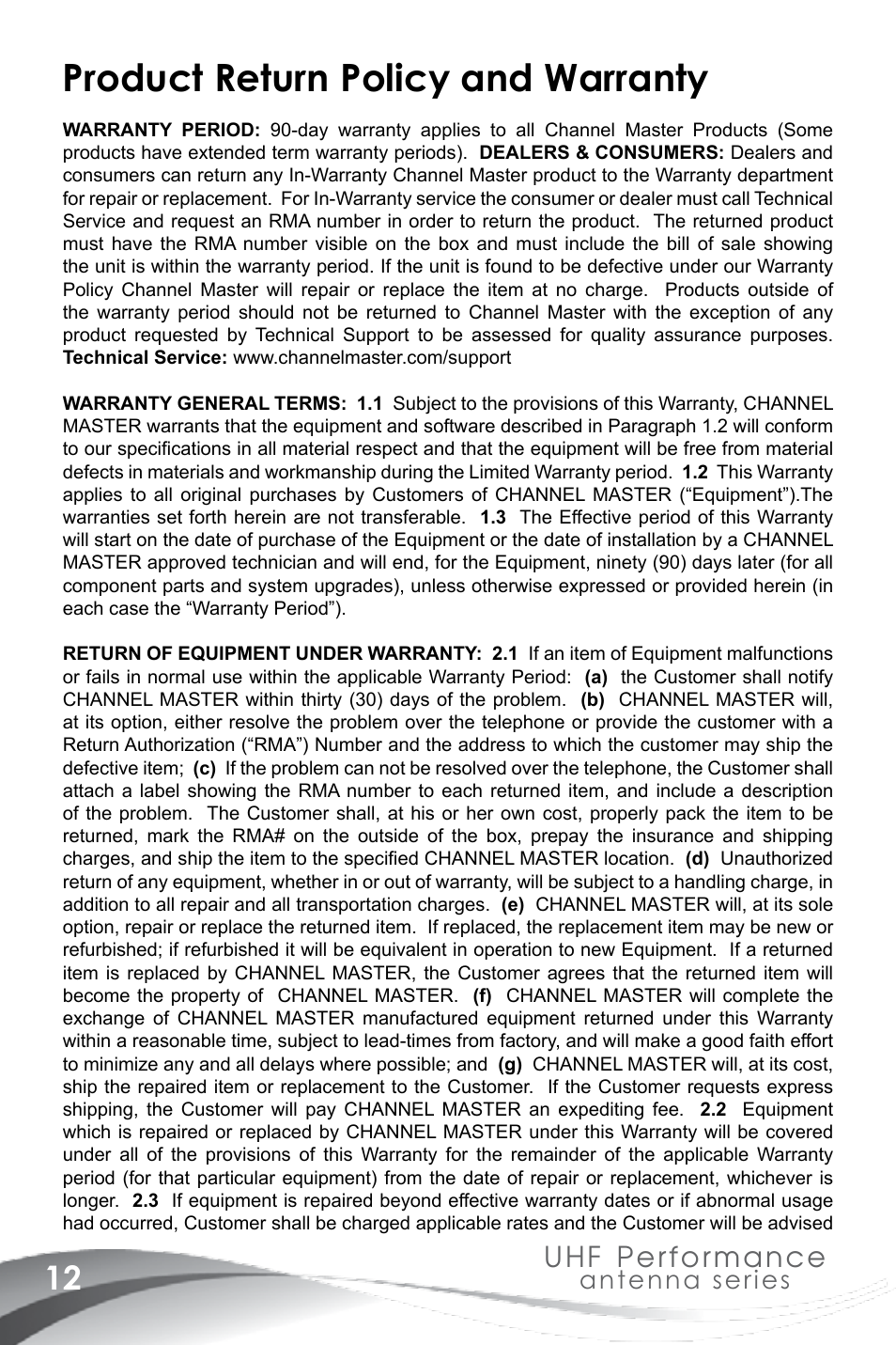 Product return policy and warranty, Uhf performance, Antenna series | Channel Master EXTREMEtenna (4228HD) User Manual | Page 14 / 40