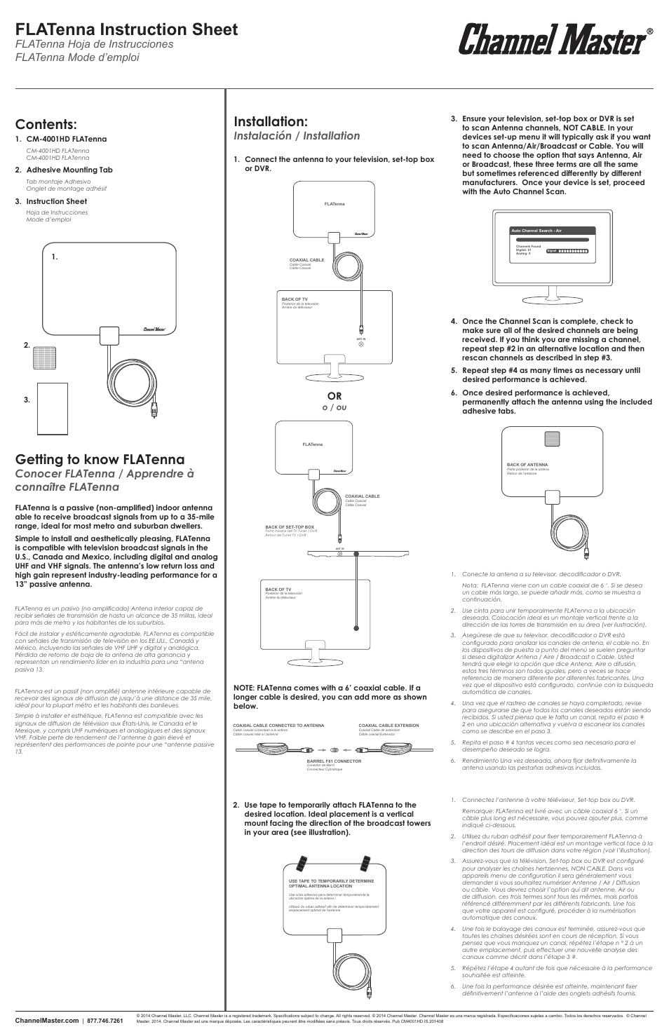 Channel Master FLATenna (4001HD) User Manual | 2 pages