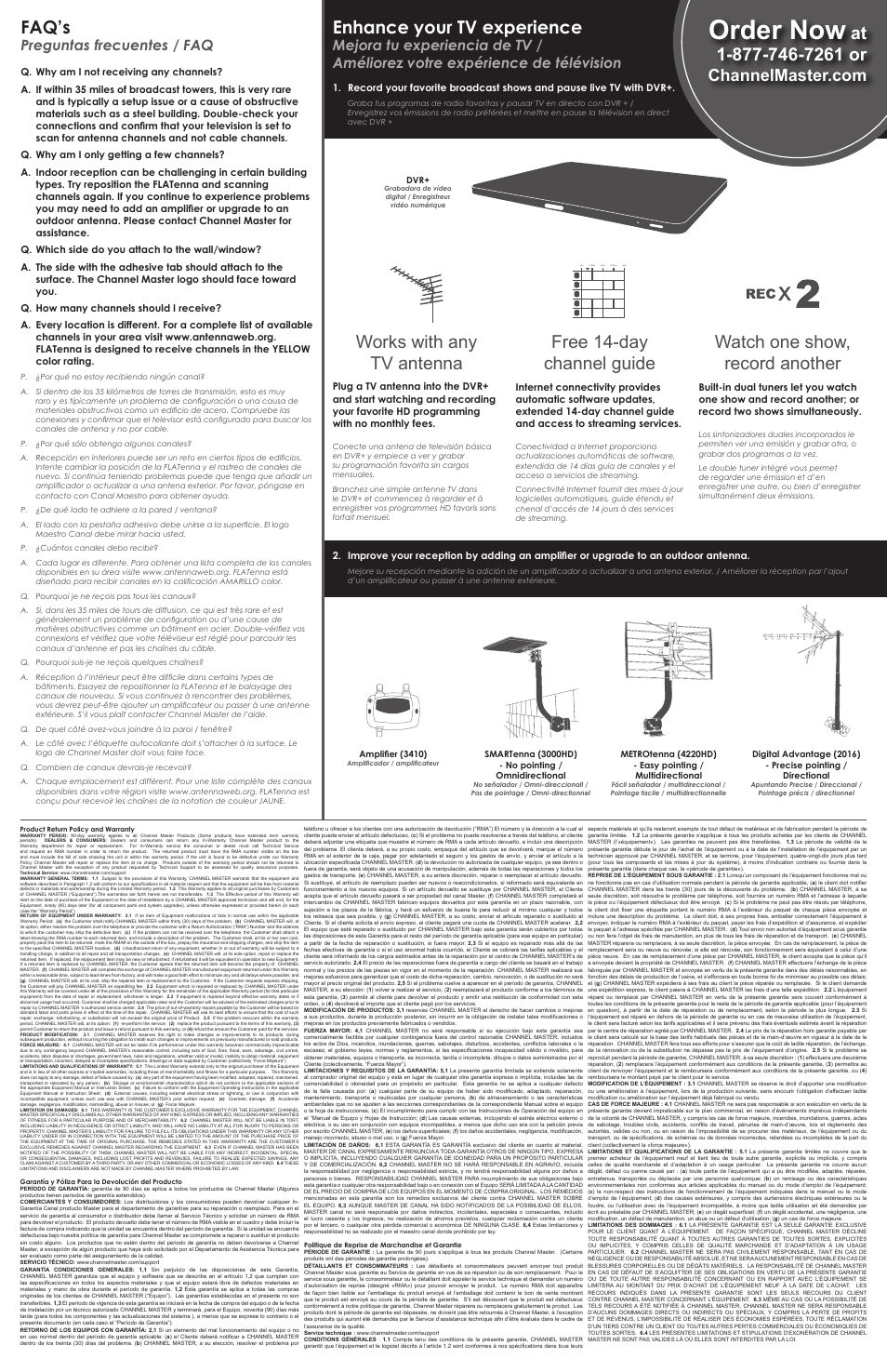 Order now, Faq’s, Enhance your tv experience | Works with any tv antenna, Preguntas frecuentes / faq | Channel Master FLATenna (4001HD) User Manual | Page 2 / 2