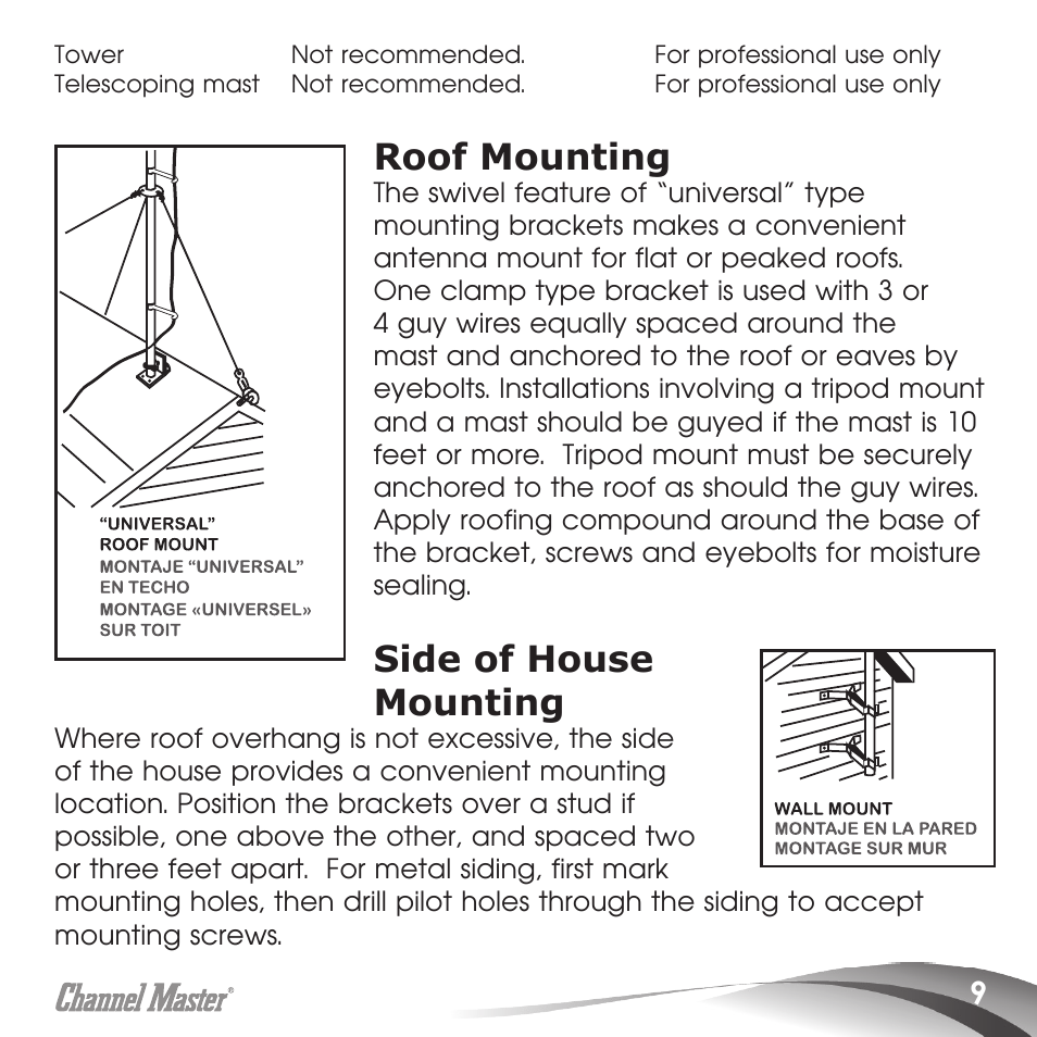 Roof mounting, Side of house mounting | Channel Master Masterpiece 100 (5020) User Manual | Page 11 / 28