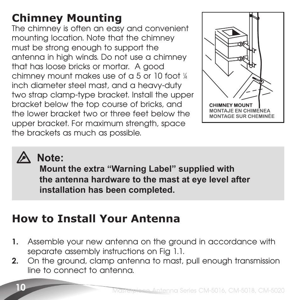 Chimney mounting, How to install your antenna | Channel Master Masterpiece 100 (5020) User Manual | Page 12 / 28