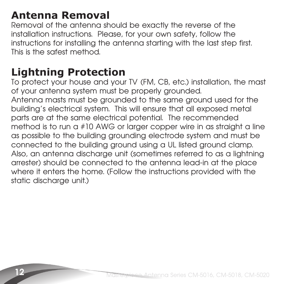 Antenna removal, Lightning protection | Channel Master Masterpiece 100 (5020) User Manual | Page 14 / 28