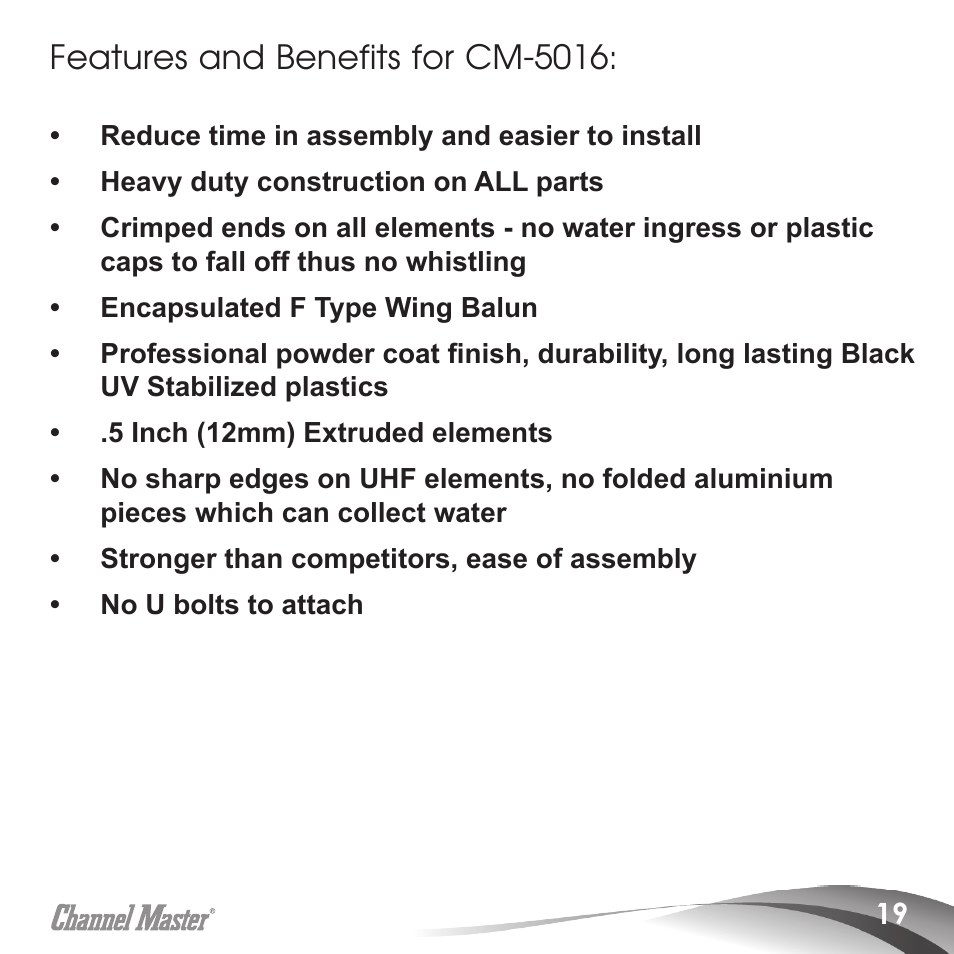 Features and benefits for cm-5016 | Channel Master Masterpiece 100 (5020) User Manual | Page 21 / 28