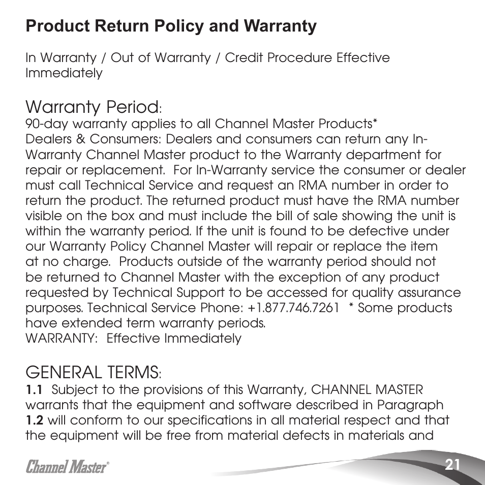 Product return policy and warranty, Warranty period, General terms | Channel Master Masterpiece 100 (5020) User Manual | Page 23 / 28