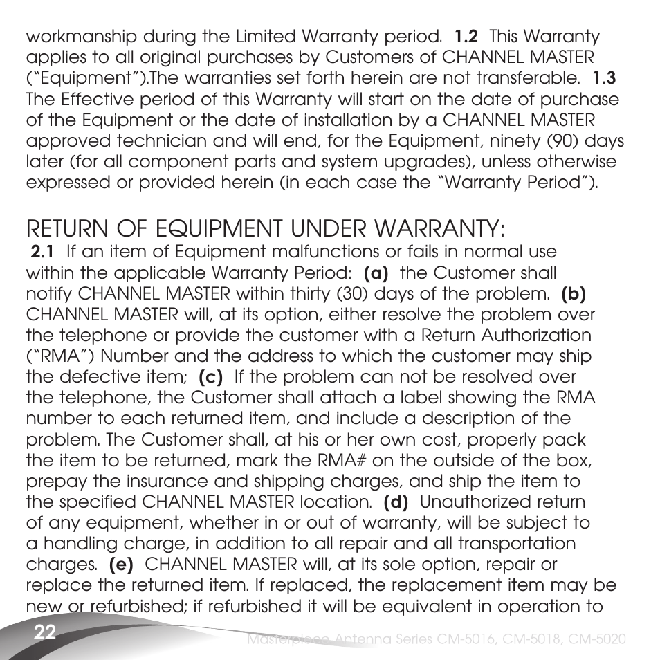 Return of equipment under warranty | Channel Master Masterpiece 100 (5020) User Manual | Page 24 / 28