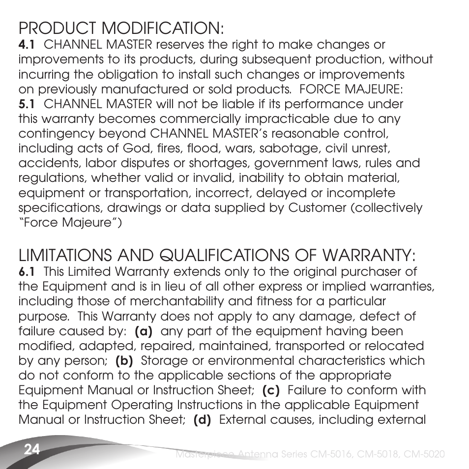 Product modification, Limitations and qualifications of warranty | Channel Master Masterpiece 100 (5020) User Manual | Page 26 / 28