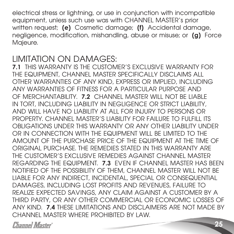 Limitation on damages | Channel Master Masterpiece 100 (5020) User Manual | Page 27 / 28