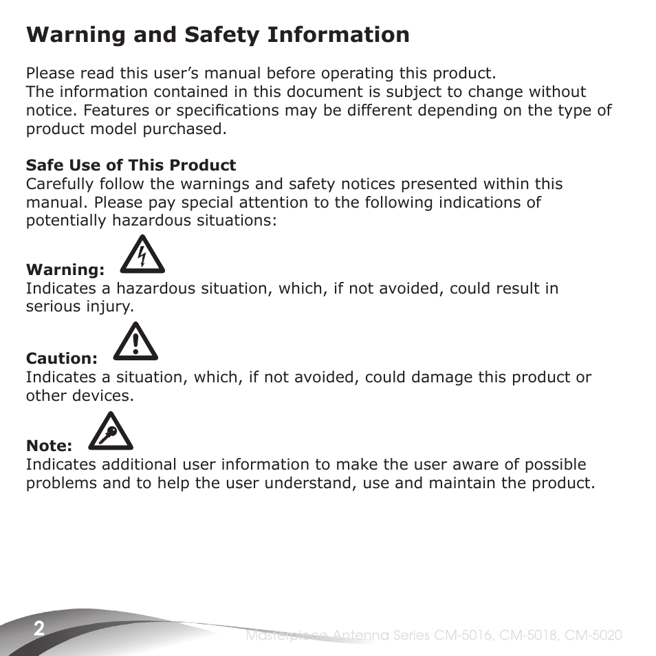 Warning and safety information | Channel Master Masterpiece 100 (5020) User Manual | Page 4 / 28