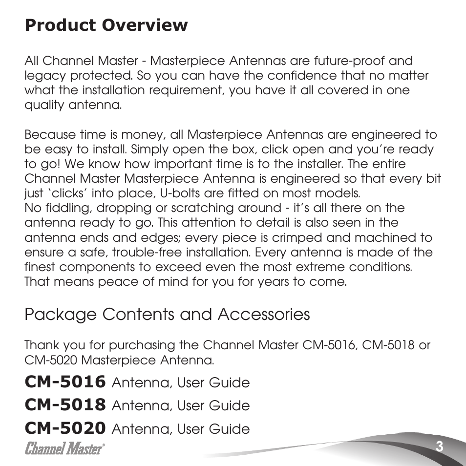 Product overview, Package contents and accessories, Cm-5016 | Cm-5018, Cm-5020 | Channel Master Masterpiece 100 (5020) User Manual | Page 5 / 28