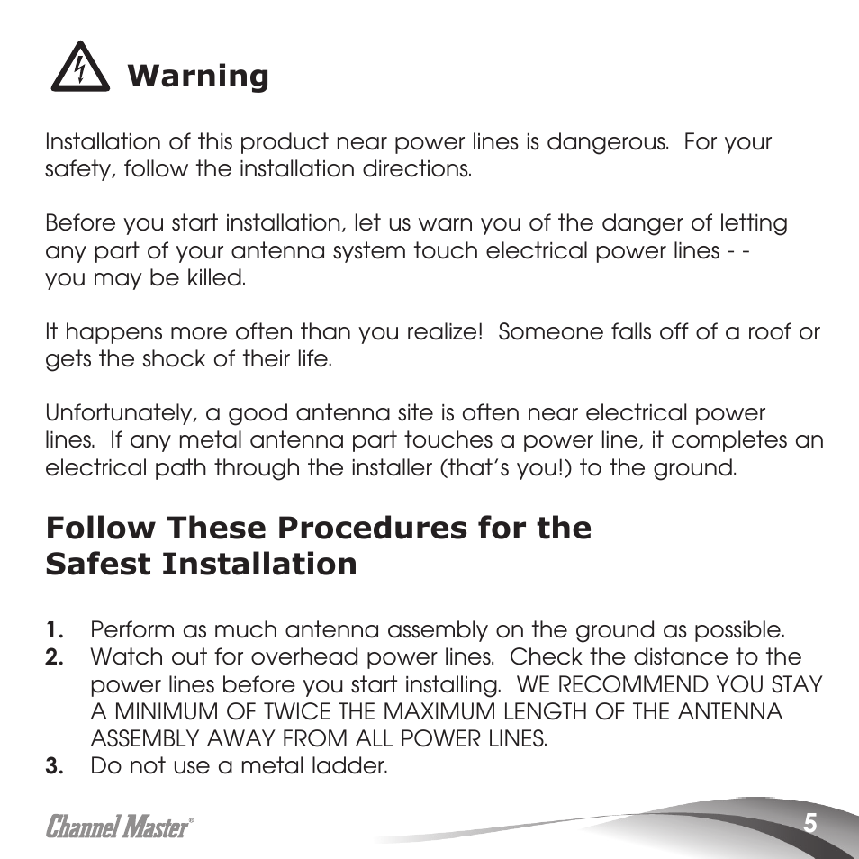 Read instructions, Warning | Channel Master Masterpiece 100 (5020) User Manual | Page 7 / 28