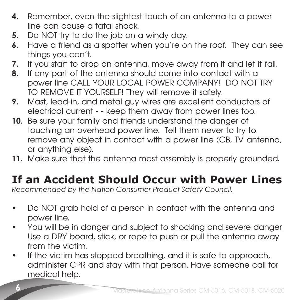 If an accident should occur with power lines | Channel Master Masterpiece 100 (5020) User Manual | Page 8 / 28