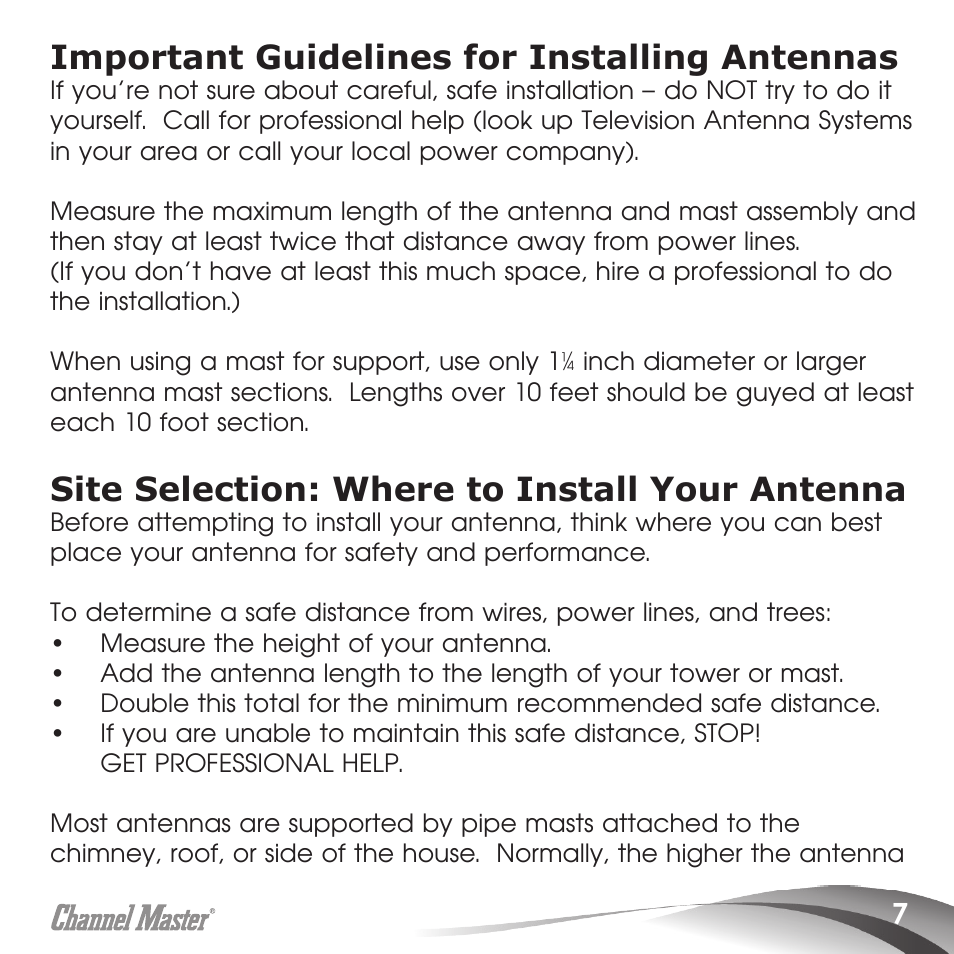 Important guidelines for installing antennas, Site selection: where to install your antenna | Channel Master Masterpiece 100 (5020) User Manual | Page 9 / 28