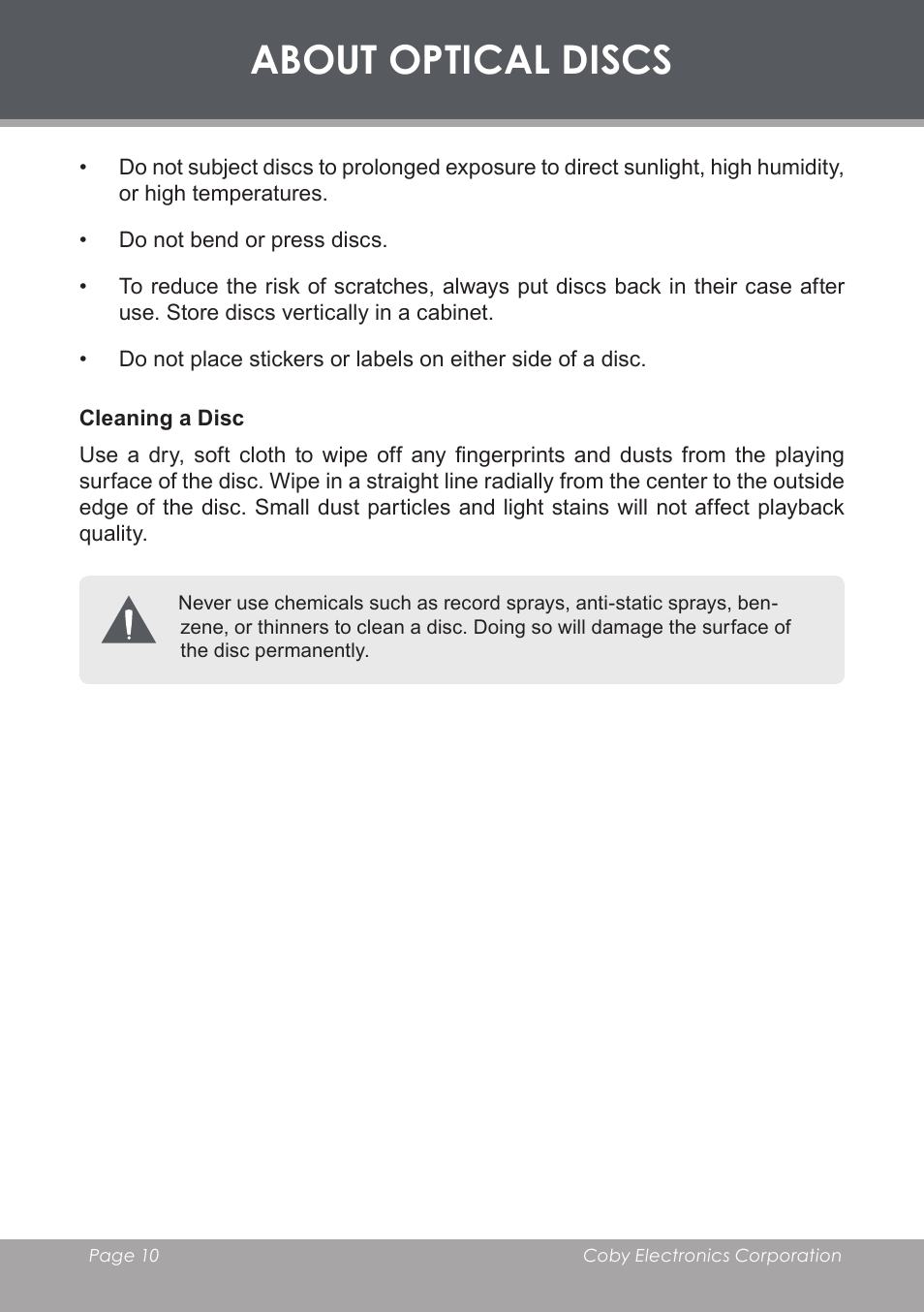 Cleaning a disc, About optical discs | COBY electronic DVD-53 User Manual | Page 10 / 40