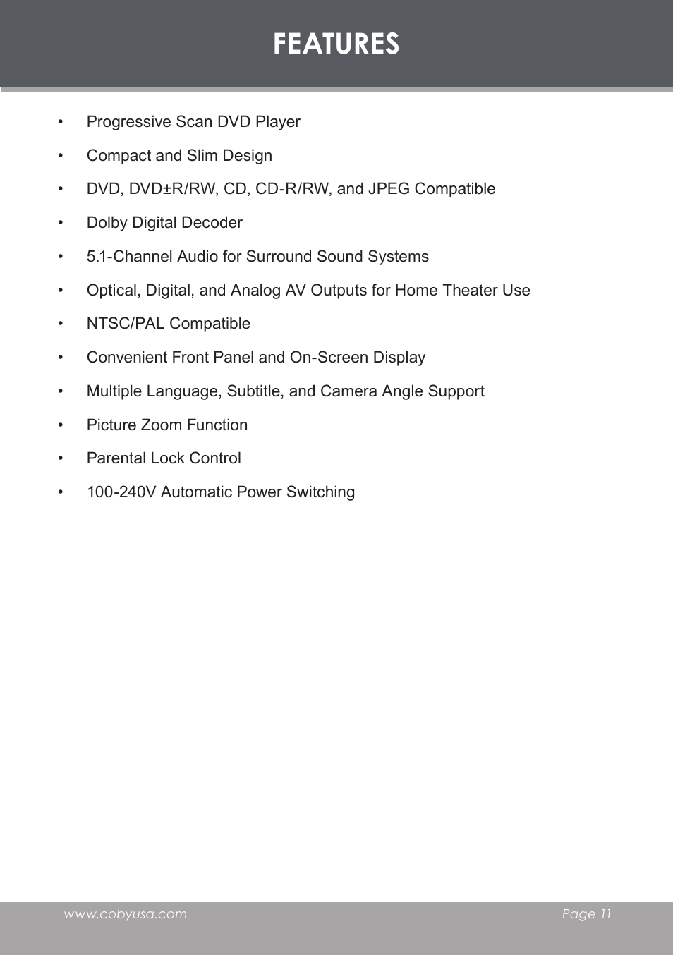 Features | COBY electronic DVD-53 User Manual | Page 11 / 40