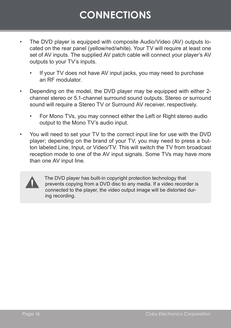 Connections | COBY electronic DVD-53 User Manual | Page 16 / 40