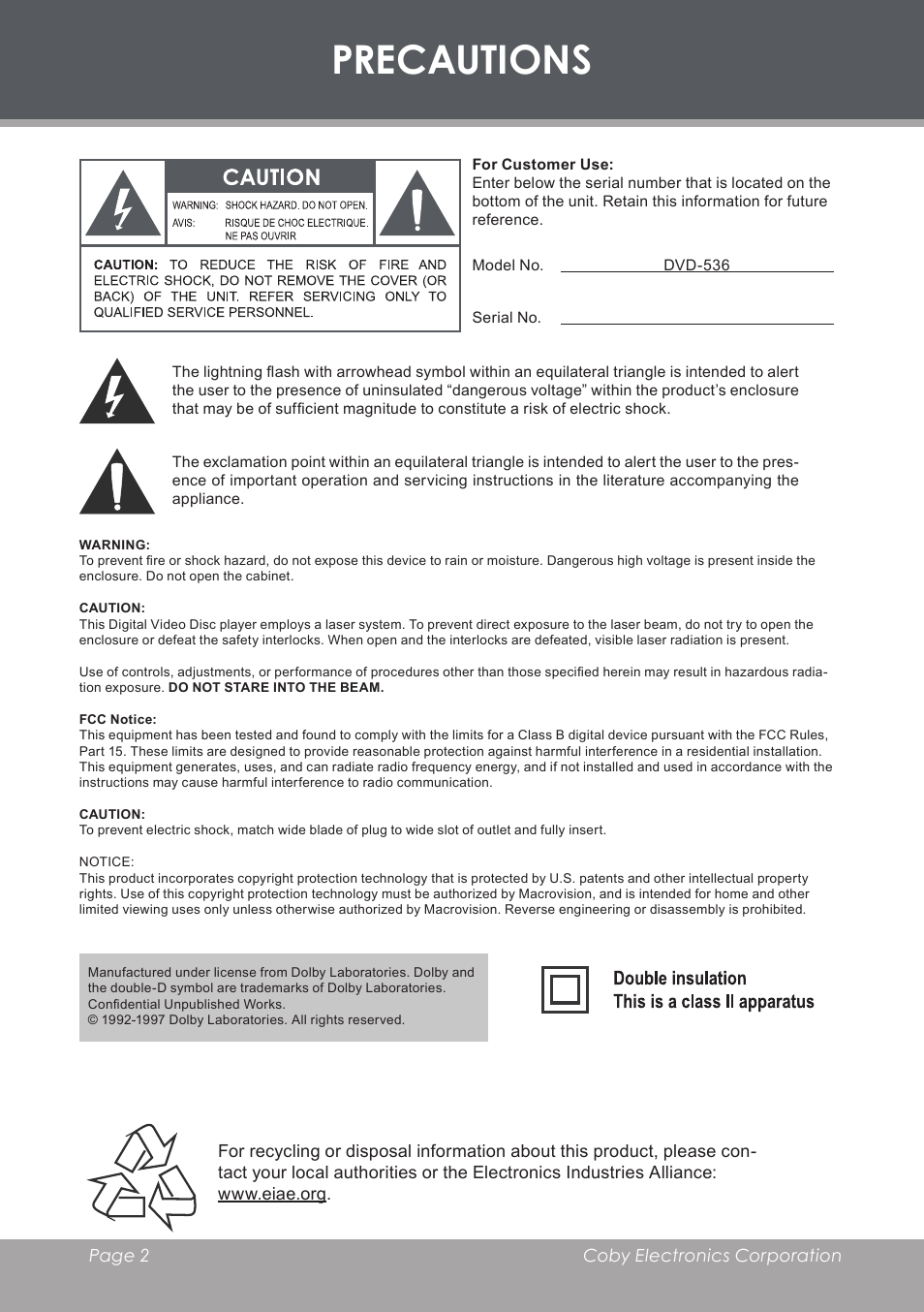 Precautions | COBY electronic DVD-53 User Manual | Page 2 / 40