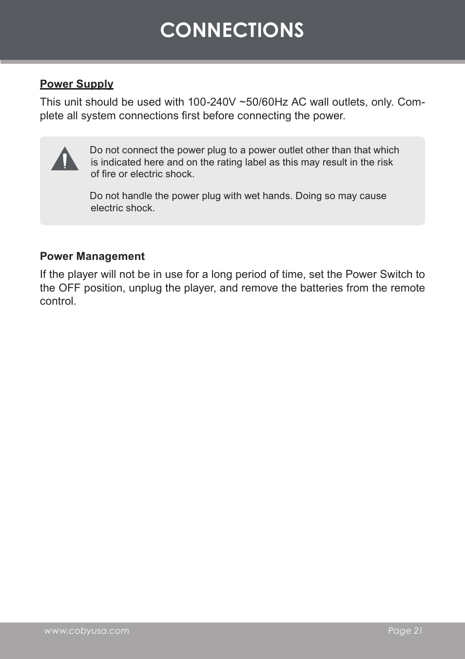 Power supply, Power management, Connections | COBY electronic DVD-53 User Manual | Page 21 / 40