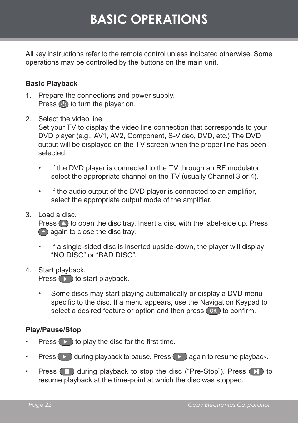 Basic operations, Basic playback, Play/pause/stop | COBY electronic DVD-53 User Manual | Page 22 / 40