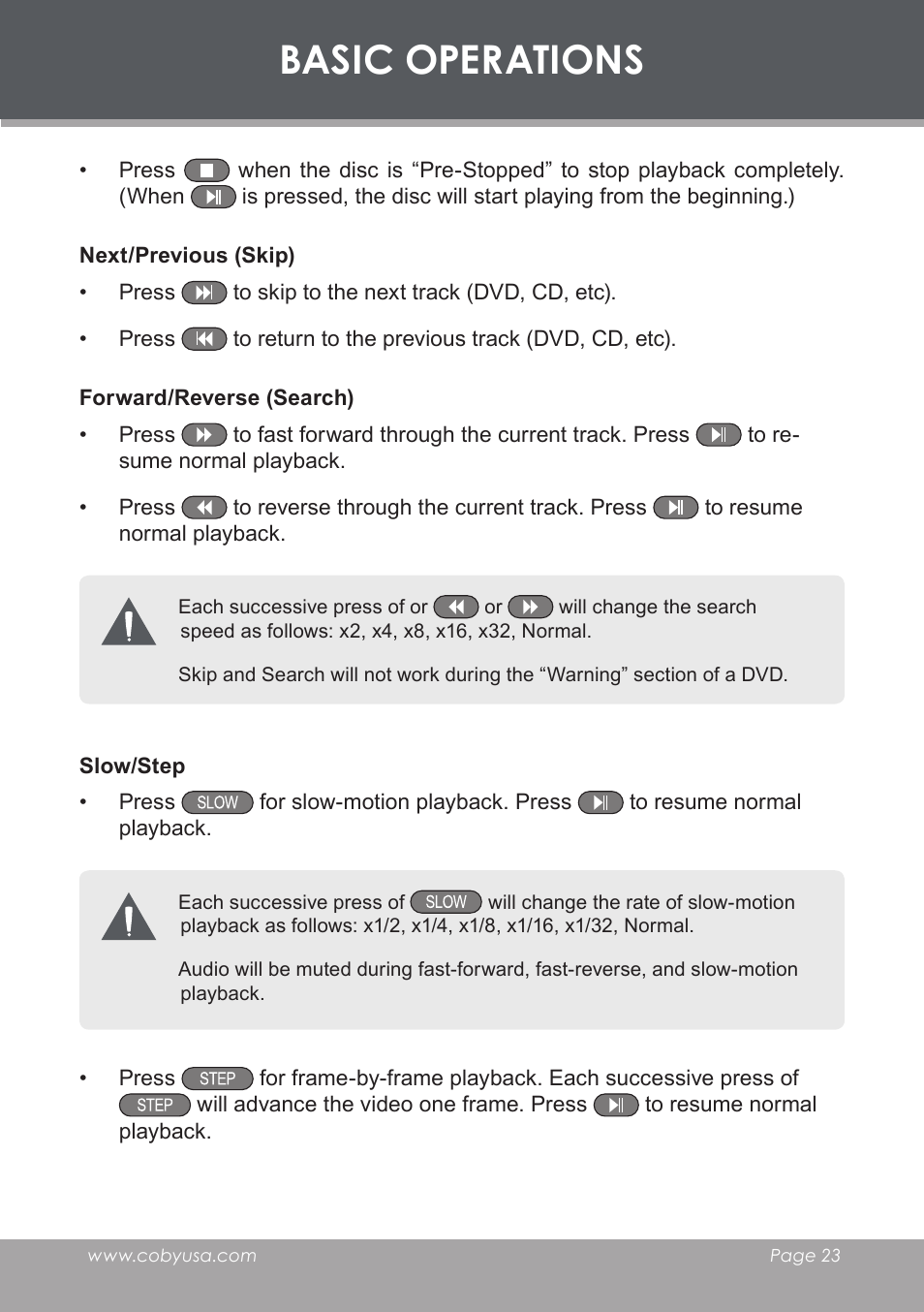 Next/previous (skip), Forward/reverse (search), Slow/step | Basic operations | COBY electronic DVD-53 User Manual | Page 23 / 40