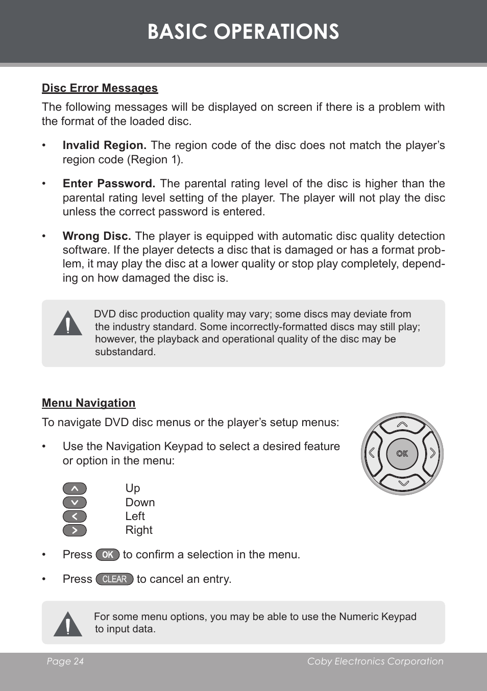 Disc error messages, Menu navigation, Basic operations | COBY electronic DVD-53 User Manual | Page 24 / 40