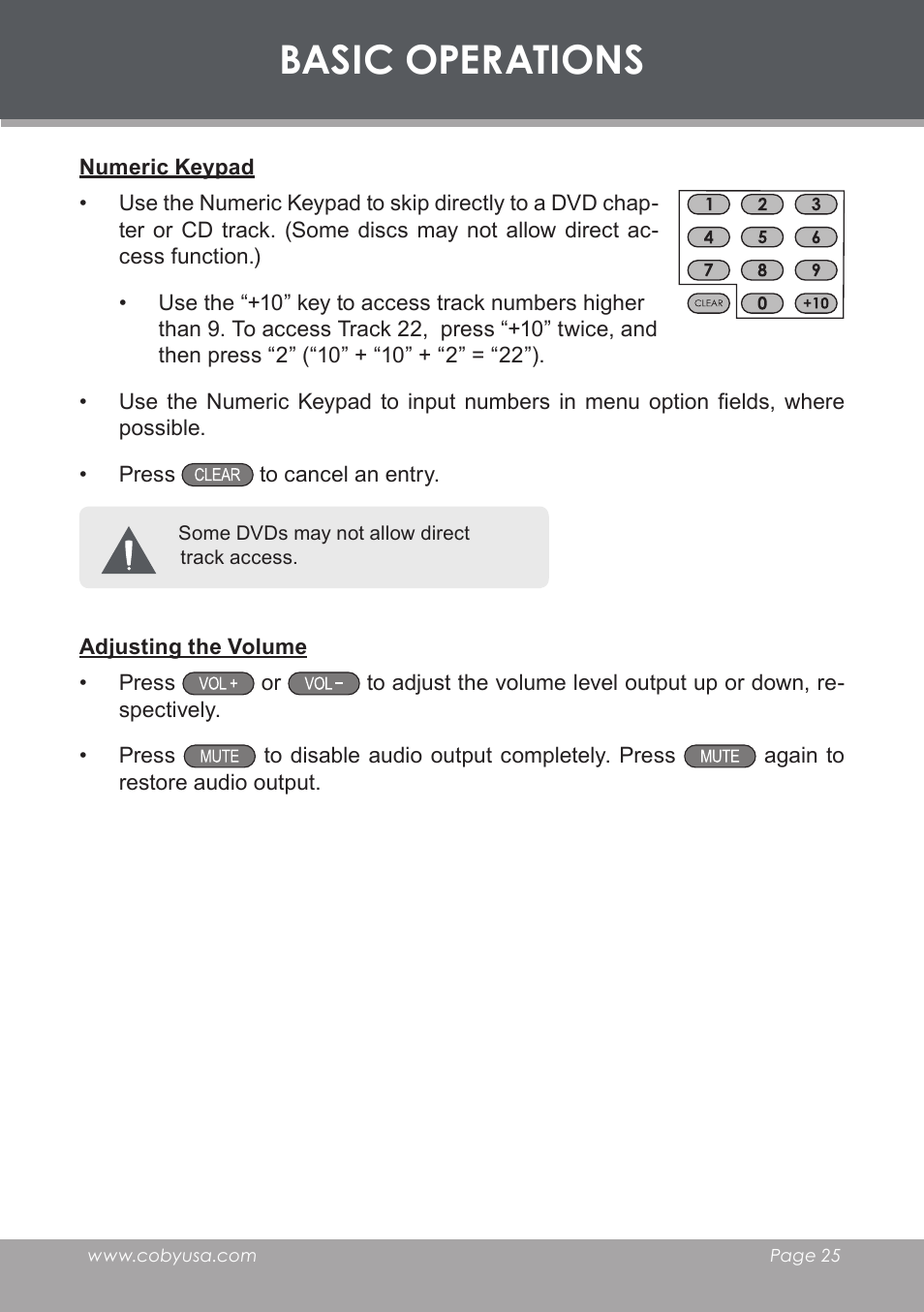 Numeric keypad, Adjusting the volume, Basic operations | COBY electronic DVD-53 User Manual | Page 25 / 40