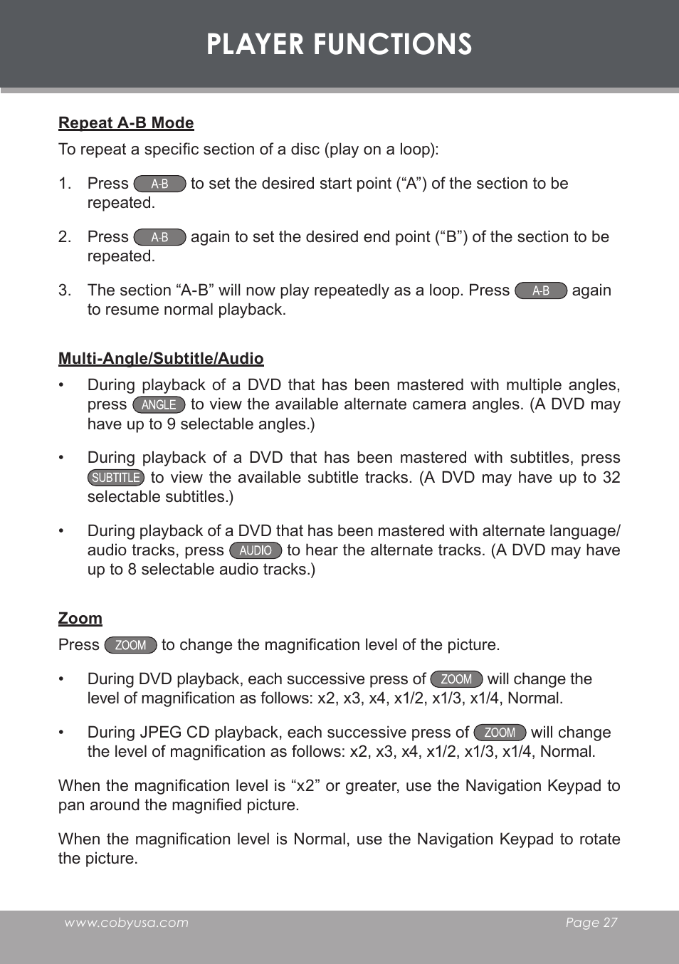 Repeat a-b mode, Multi-angle/subtitle/audio, Zoom | Player functions | COBY electronic DVD-53 User Manual | Page 27 / 40