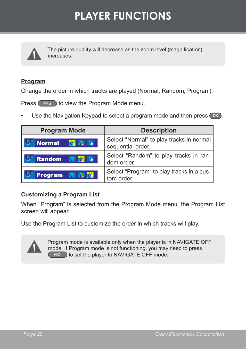 Program, Customizing a program list, Player functions | COBY electronic DVD-53 User Manual | Page 28 / 40