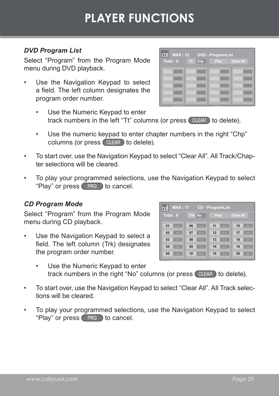 Player functions | COBY electronic DVD-53 User Manual | Page 29 / 40