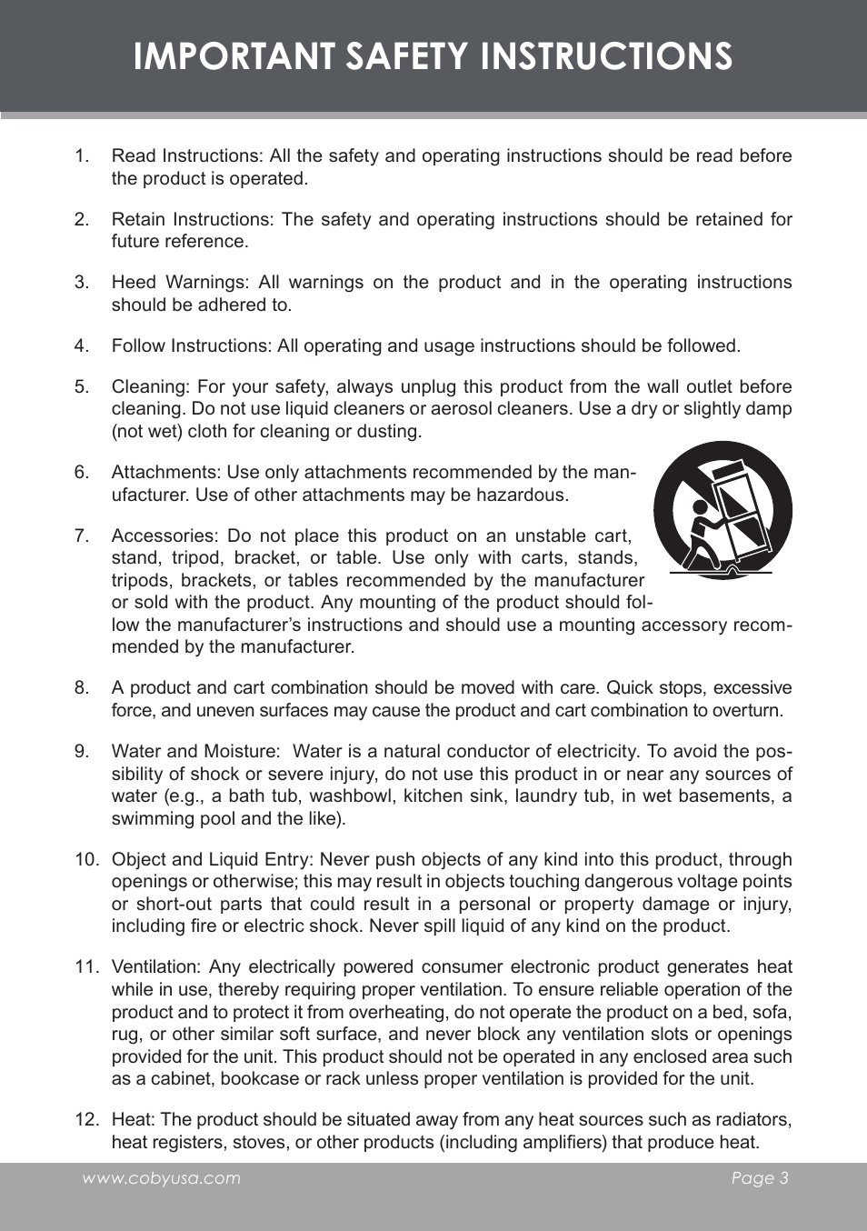 Important safety instructions | COBY electronic DVD-53 User Manual | Page 3 / 40