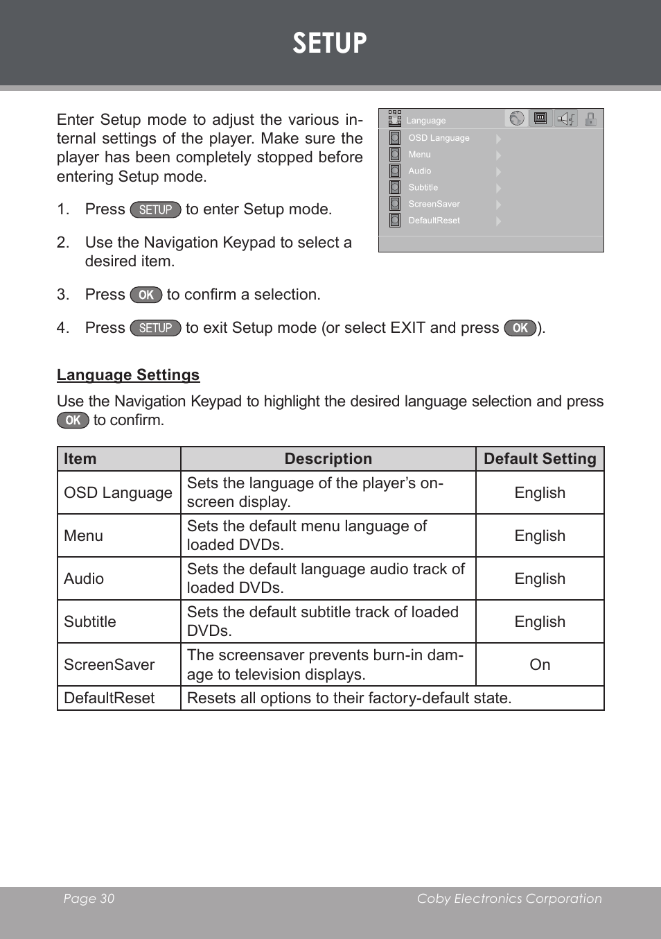 Setup, Language settings | COBY electronic DVD-53 User Manual | Page 30 / 40