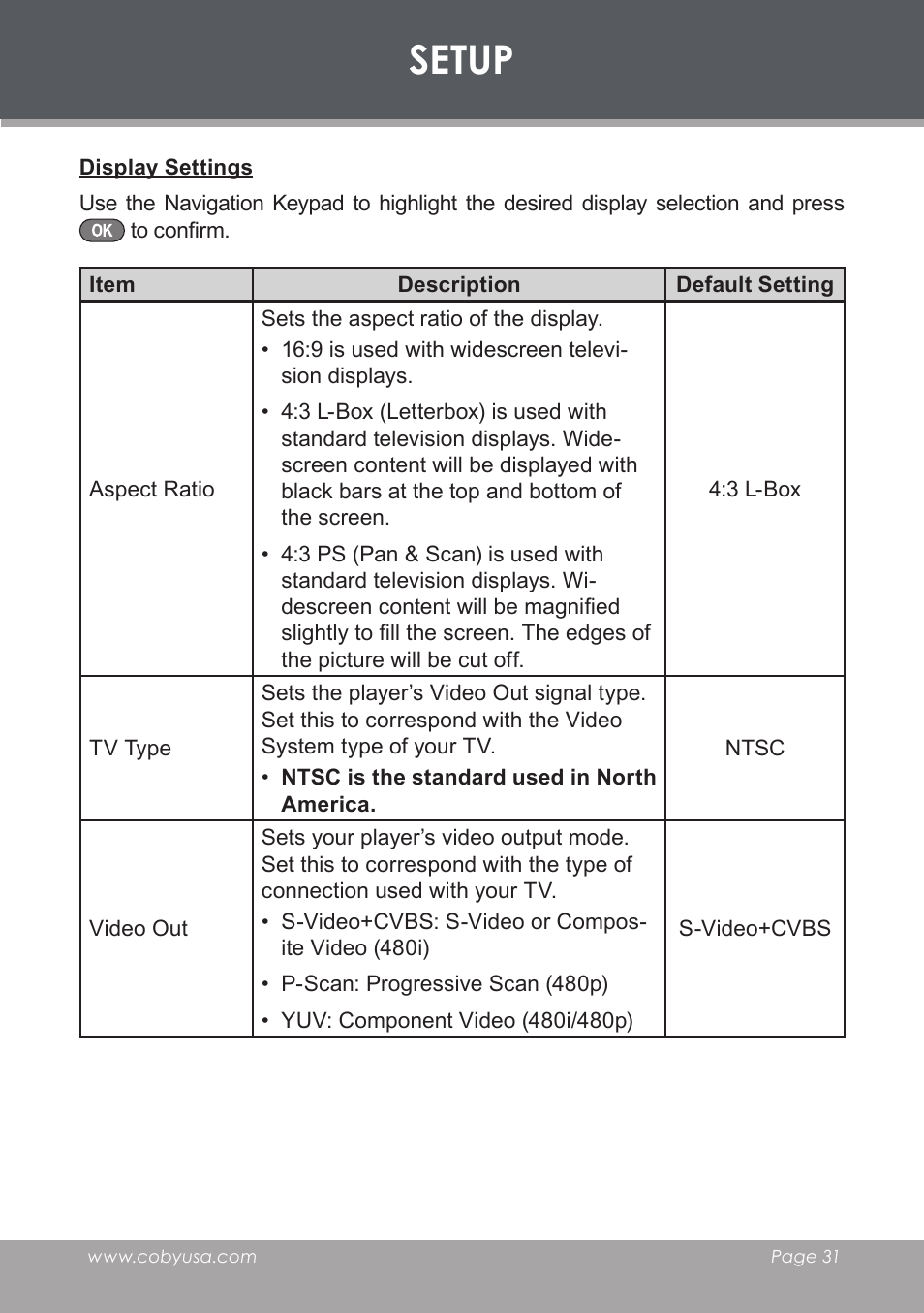 Display settings, Setup | COBY electronic DVD-53 User Manual | Page 31 / 40